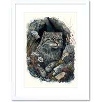 Artery8 Wall Art Print Wild Cat in Rock Cavity with Wildflowers Detailed Watercolour Artwork Framed 9X7 Inch in White | Size: W7" x H9"