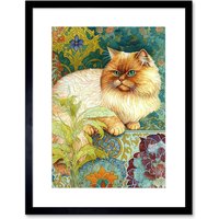 Artery8 Wall Art Print Orange Persian Cat William Morris Inspired Floral Pattern Colourful Modern Artwork Framed 9X7 Inch in Black | Size: W7" x H9"