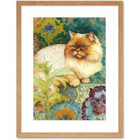 Artery8 Wall Art Print Orange Persian Cat William Morris Inspired Floral Pattern Colourful Modern Artwork Framed 9X7 Inch in Beige | Size: W7" x H9"