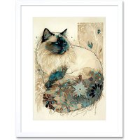 Artery8 Wall Art Print Ragdoll Cat with Floral Pattern Tail Modern Watercolour Artwork Framed 9X7 Inch in White | Size: W7" x H9"