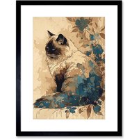 Artery8 Wall Art Print Ragdoll Cat with Floral Patterns Watercolour Artwork Framed 9X7 Inch in Black | Size: W7" x H9"