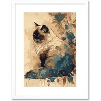 Artery8 Wall Art Print Ragdoll Cat with Floral Patterns Watercolour Artwork Framed 9X7 Inch in White | Size: W7" x H9"