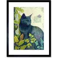 Artery8 Wall Art Print Russian Blue Cat with Bright Ornate Plants Modern Art Nouveau Artwork Framed 9X7 Inch in Black | Size: W7" x H9"