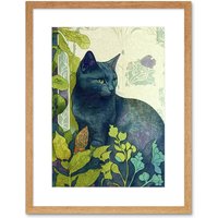 Artery8 Wall Art Print Russian Blue Cat with Bright Ornate Plants Modern Art Nouveau Artwork Framed 9X7 Inch in Beige | Size: W7" x H9"