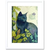 Artery8 Wall Art Print Russian Blue Cat with Bright Ornate Plants Modern Art Nouveau Artwork Framed 9X7 Inch in White | Size: W7" x H9"