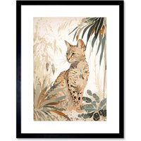 Artery8 Wall Art Print Savannah Cat with Colourful Fur Pattern in Nature Modern Watercolour Artwork Framed 9X7 Inch in Black | Size: W7" x H9"