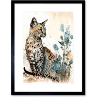 Artery8 Wall Art Print Savannah Cat & Wildflowers Modern Watercolour & Ink Artwork Framed 9X7 Inch in Black | Size: W7" x H9"
