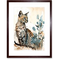 Artery8 Wall Art Print Savannah Cat & Wildflowers Modern Watercolour & Ink Artwork Framed 9X7 Inch in Brown | Size: W7" x H9"