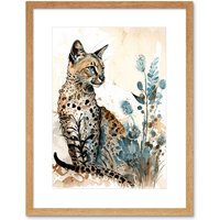 Artery8 Wall Art Print Savannah Cat & Wildflowers Modern Watercolour & Ink Artwork Framed 9X7 Inch in Beige | Size: W7" x H9"