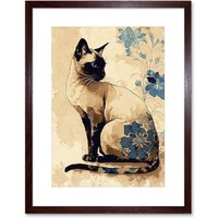 Artery8 Wall Art Print Siamese Cat with Blue Flowers Watercolour & Ink Modern Artwork Framed 9X7 Inch in Brown | Size: W7" x H9"