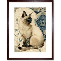 Artery8 Wall Art Print Siamese Cat with Blue Flower Pattern Modern Art Nouveau Watercolour Artwork Framed 9X7 Inch in Brown | Size: W7" x H9"