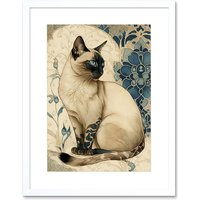 Artery8 Wall Art Print Siamese Cat with Blue Flower Pattern Modern Art Nouveau Watercolour Artwork Framed 9X7 Inch in White | Size: W7" x H9"