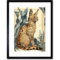 Artery8 Wall Art Print Serval Cat with Teal Plants Watercolour Portrait Modern Artwork Framed 9X7 Inch in Black | Size: W7" x H9"