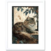 Artery8 Wall Art Print Siberian Cat Perched on Window Sill in Autumn Modern Artwork Framed 9X7 Inch in White | Size: W7" x H9"