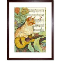 Artery8 Wall Art Print Orange Tubby Cat with Guitar & Sheet Music in Floral Art Nouveau Pattern Artwork Framed 9X7 Inch in Brown | Size: W7" x H9"