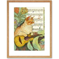 Artery8 Wall Art Print Orange Tubby Cat with Guitar & Sheet Music in Floral Art Nouveau Pattern Artwork Framed 9X7 Inch in Beige | Size: W7" x H9"