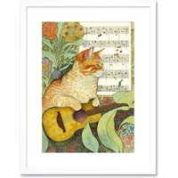 Artery8 Wall Art Print Orange Tubby Cat with Guitar & Sheet Music in Floral Art Nouveau Pattern Artwork Framed 9X7 Inch in White | Size: W7" x H9"