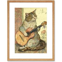 Artery8 Wall Art Print Street Musician Cat with Guitar by Flower Pattern Mural Pastel Watercolour Artwork Framed 9X7 Inch in Beige | Size: W7" x H9"