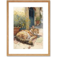 Artery8 Wall Art Print Cat Sunbathing in Mediterranean Village Street Watercolour Artwork Framed 9X7 Inch in Beige | Size: W7" x H9"