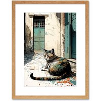 Artery8 Wall Art Print Street Cat Sunbathing on Cobblestone Street Modern Artwork Framed 9X7 Inch in Beige | Size: W7" x H9"