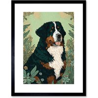 Artery8 Wall Art Print Bernese Mountain Dog in Wildflower Field Modern Artwork Framed 9X7 Inch in Black | Size: W7" x H9"