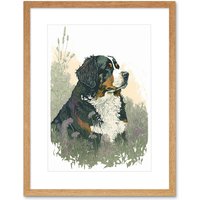 Artery8 Wall Art Print Bernese Mountain Dog in Wild Flower Field Watercolour Artwork Framed 9X7 Inch in Beige | Size: W7" x H9"