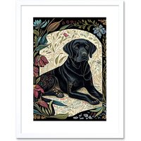 Artery8 Wall Art Print Black Labrador Dog with Floral Patterns Vintage Inspired Linocut Artwork Framed 9X7 Inch in White | Size: W7" x H9"