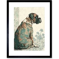 Artery8 Wall Art Print Boxer Dog with Floral Pattern Fur Coat Modern Watercolour & Ink Artwork Framed 9X7 Inch in Black | Size: W7" x H9"
