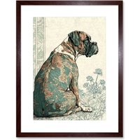 Artery8 Wall Art Print Boxer Dog with Floral Pattern Fur Coat Modern Watercolour & Ink Artwork Framed 9X7 Inch in Brown | Size: W7" x H9"