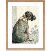 Artery8 Wall Art Print Boxer Dog with Floral Pattern Fur Coat Modern Watercolour & Ink Artwork Framed 9X7 Inch in Beige | Size: W7" x H9"