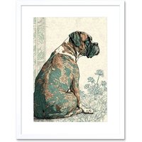Artery8 Wall Art Print Boxer Dog with Floral Pattern Fur Coat Modern Watercolour & Ink Artwork Framed 9X7 Inch in White | Size: W7" x H9"