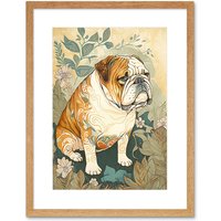 Artery8 Wall Art Print Bulldog with Ornate Pattern Fur Coat in Flower Field Modern Watercolour Artwork Framed 9X7 Inch in Beige | Size: W7" x H9"