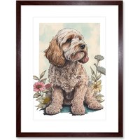 Artery8 Wall Art Print Cockapoo Dog with Spring Wildflowers Soft Watercolour Artwork Framed 9X7 Inch in Brown | Size: W7" x H9"
