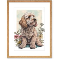 Artery8 Wall Art Print Cockapoo Dog with Spring Wildflowers Soft Watercolour Artwork Framed 9X7 Inch in Beige | Size: W7" x H9"