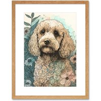 Artery8 Wall Art Print Cockapoo Dog in Wildflower Field Pastel Watercolour Artwork Framed 9X7 Inch in Beige | Size: W7" x H9"