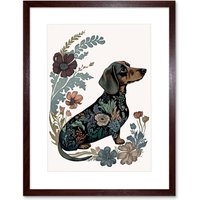 Artery8 Wall Art Print Dachshund Shorthaired Dog with Floral Patterns Colourful Modern Artwork Framed 9X7 Inch in Brown | Size: W7" x H9"