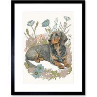 Artery8 Wall Art Print Dachshund Dog Lying in Flower Field Pastel Watercolour Artwork Framed 9X7 Inch in Black | Size: W7" x H9"