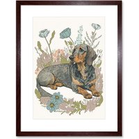 Artery8 Wall Art Print Dachshund Dog Lying in Flower Field Pastel Watercolour Artwork Framed 9X7 Inch in Brown | Size: W7" x H9"