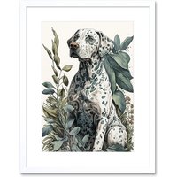 Artery8 Wall Art Print Dalmatian Dog in Field Plants Modern Watercolour Artwork Framed 9X7 Inch in White | Size: W7" x H9"