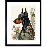 Artery8 Wall Art Print Doberman Dog with Wild Flowers Boho Watercolour Artwork Framed 9X7 Inch in Black | Size: W7" x H9"