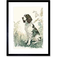Artery8 Wall Art Print English Springer Spaniel Dog in Field Modern Pastel Watercolour Artwork Framed 9X7 Inch in Black | Size: W7" x H9"