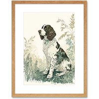 Artery8 Wall Art Print English Springer Spaniel Dog in Field Modern Pastel Watercolour Artwork Framed 9X7 Inch in Beige | Size: W7" x H9"