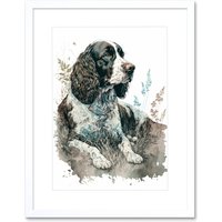 Artery8 Wall Art Print English Springer Spaniel Dog Lying in Field Modern Watercolour Artwork Framed 9X7 Inch in White | Size: W7" x H9"