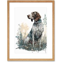 Artery8 Wall Art Print German Pointer Dog Sitting in Field Modern Detailed Artwork Framed 9X7 Inch in Beige | Size: W7" x H9"