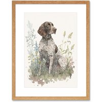 Artery8 Wall Art Print German Pointer Dog Sitting in Field Modern Detailed Pastel Watercolour Artwork Framed 9X7 Inch in Beige | Size: W7" x H9"