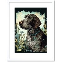 Artery8 Wall Art Print German Wirehead Pointer Dog & Blue Wildflowers Modern Portrait Artwork Framed 9X7 Inch in White | Size: W7" x H9"