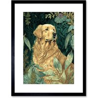 Artery8 Wall Art Print Golden Retriever Dog in Nature Modern Watercolour Artwork Framed 9X7 Inch in Black | Size: W7" x H9"