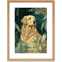 Artery8 Wall Art Print Golden Retriever Dog in Nature Modern Watercolour Artwork Framed 9X7 Inch in Beige | Size: W7" x H9"