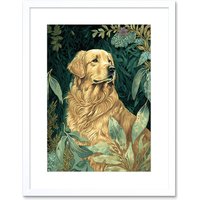 Artery8 Wall Art Print Golden Retriever Dog in Nature Modern Watercolour Artwork Framed 9X7 Inch in White | Size: W7" x H9"
