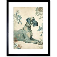 Artery8 Wall Art Print Blue Great Dane Dog with Flower Pattern Fur Coat Modern Artwork Framed 9X7 Inch in Black | Size: W7" x H9"